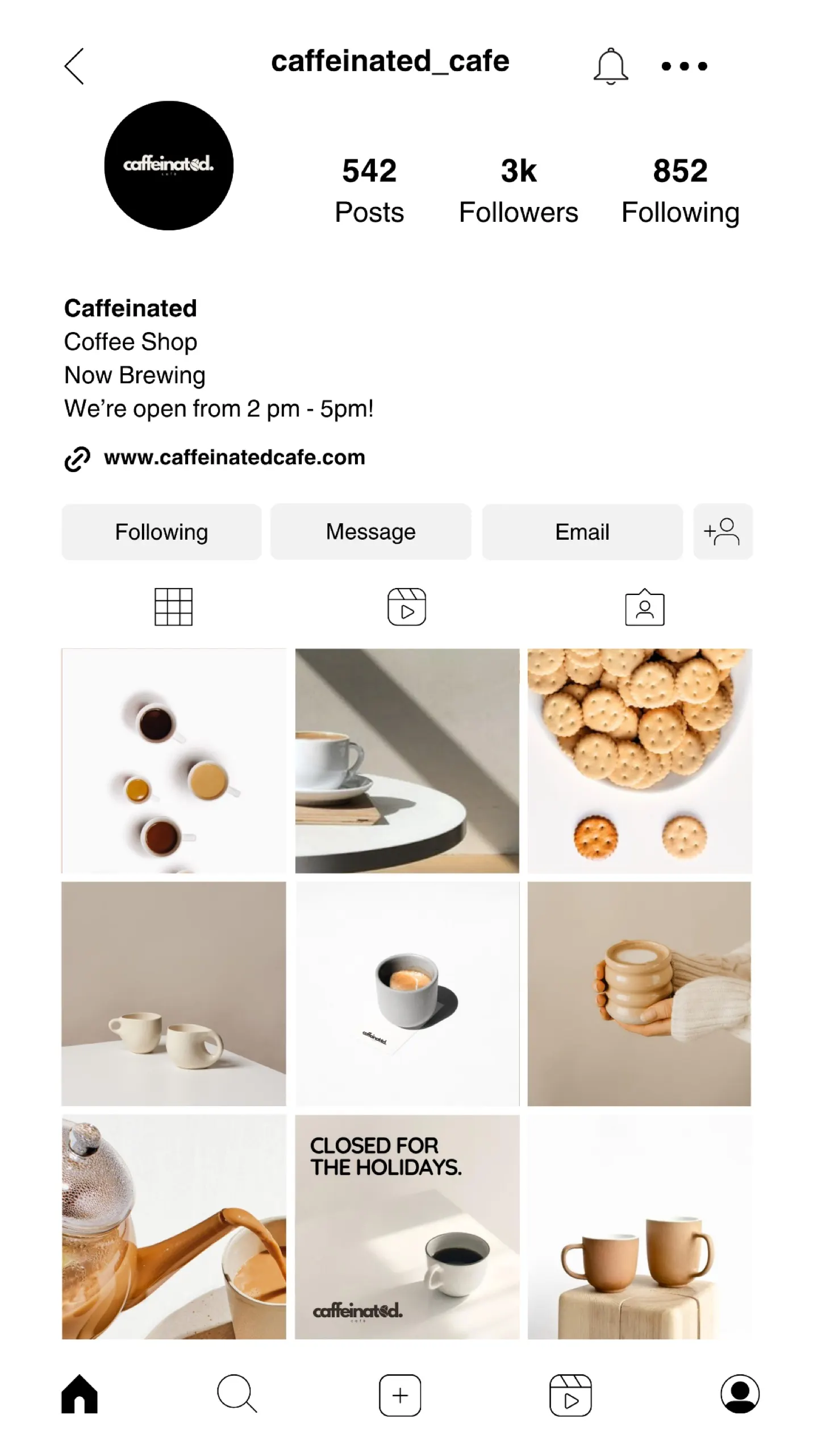 Caffeinated cafe Instagram feed social media branding