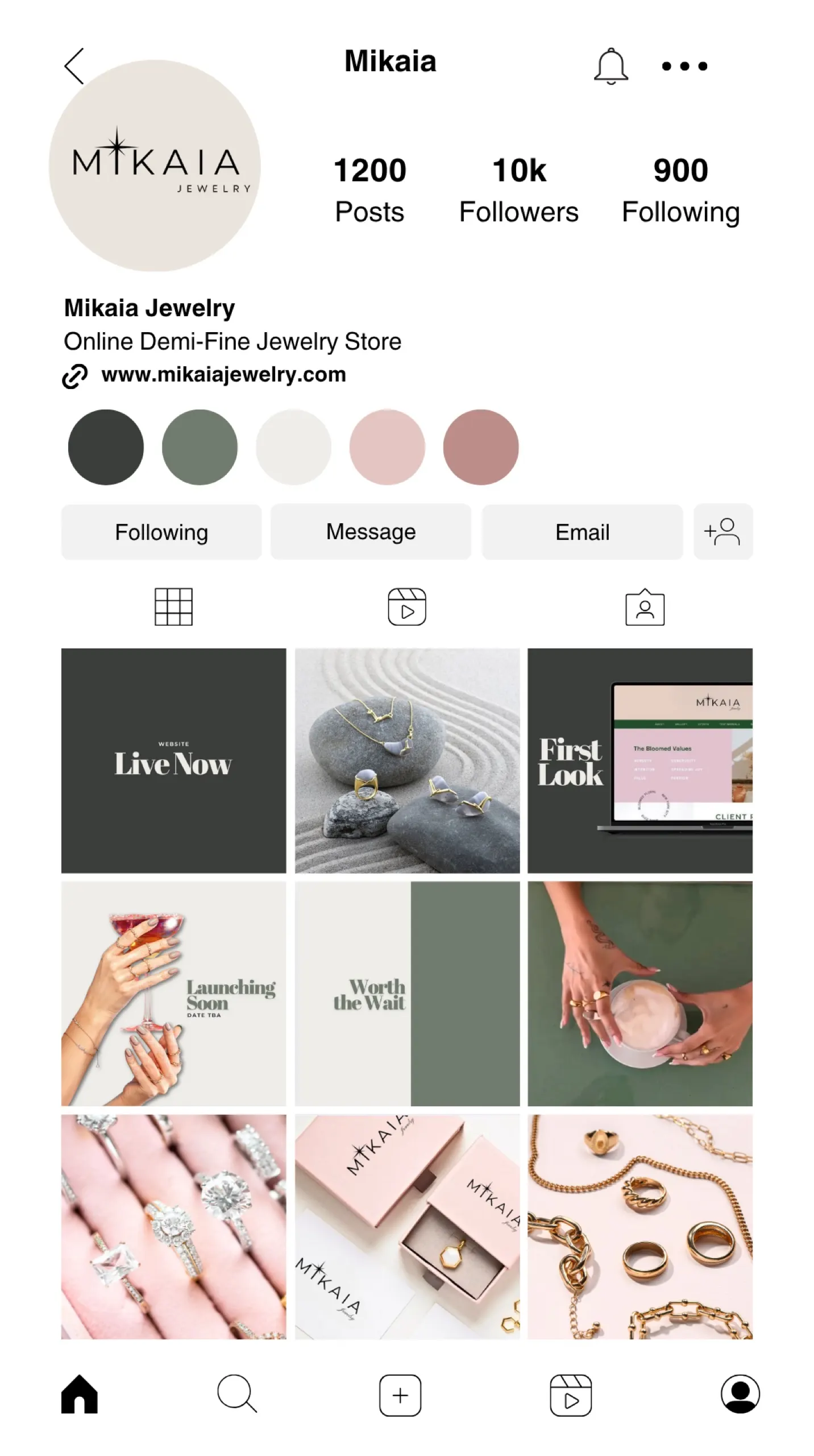Mikaia jewelry Instagram feed social media branding