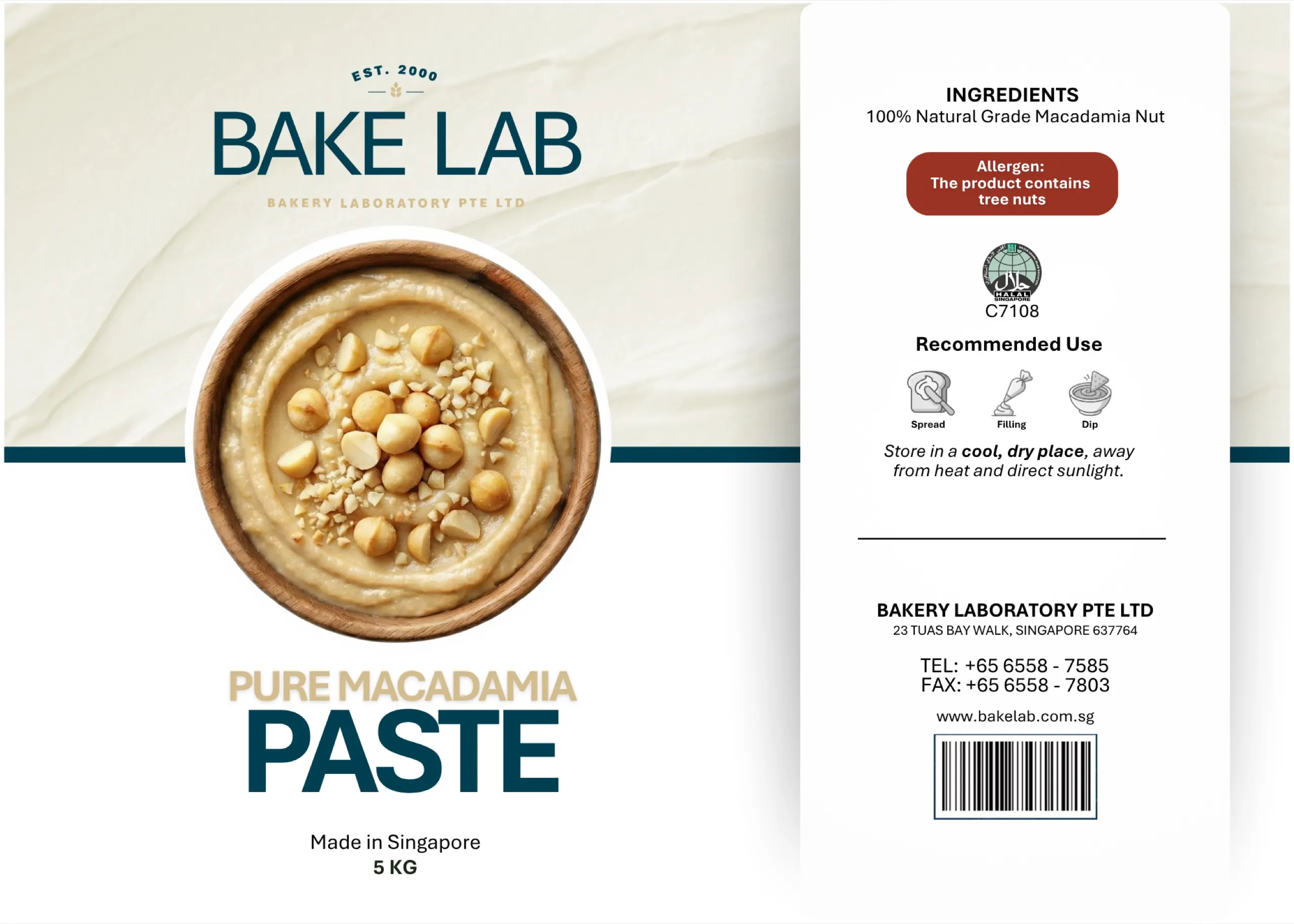 Pure macadamia paste 5kg food packaging label design