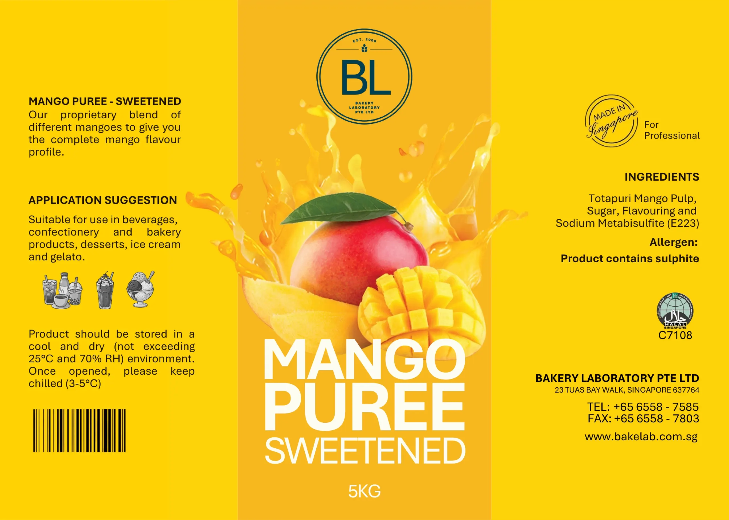 Sweetened mango puree 5kg food packaging label design