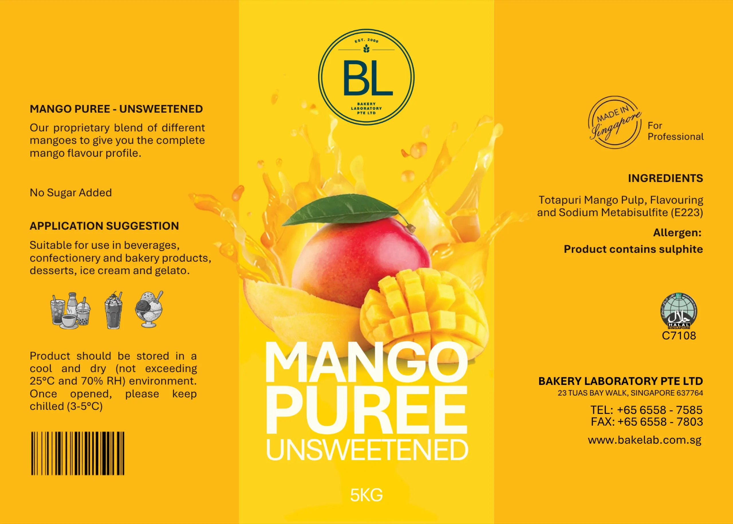 Unsweetened mango puree 5kg food packaging label design